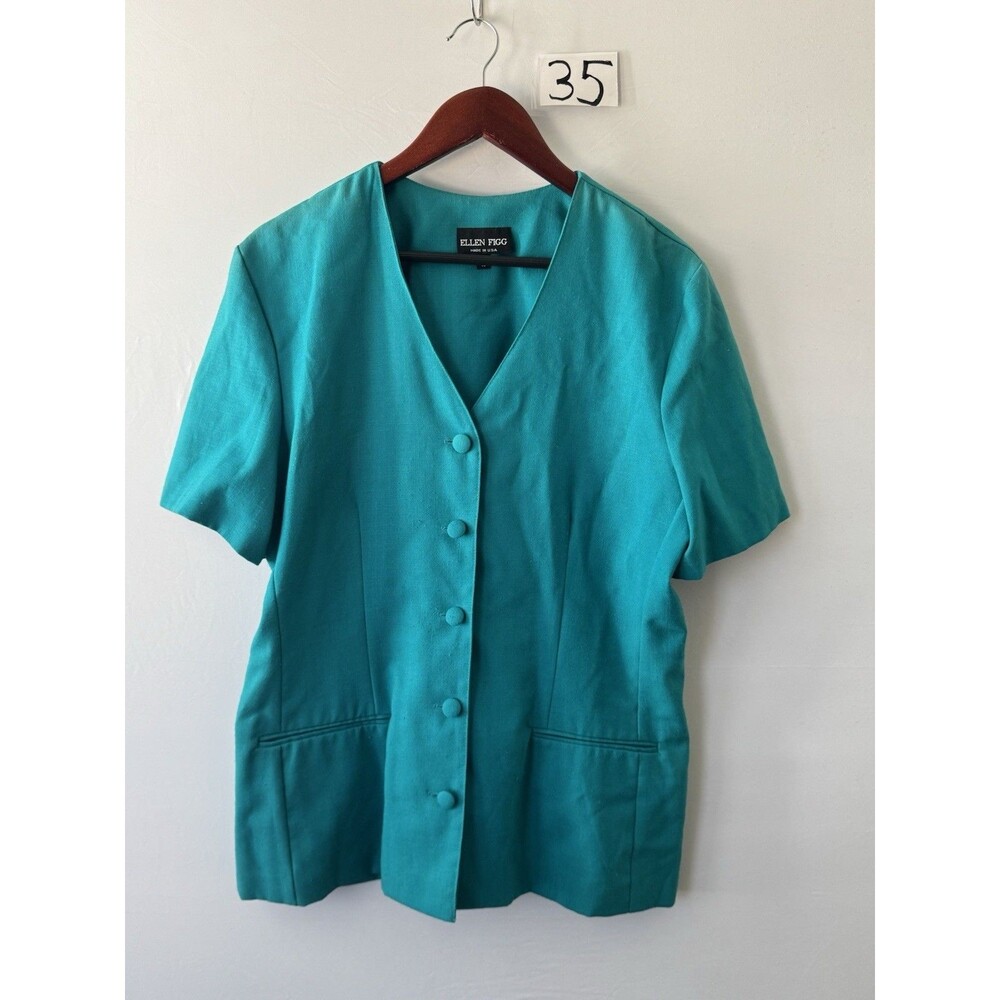 Ellen Figg Vintage Top Womens 16 Teal Green V-Neck Button Front Short Sleeve